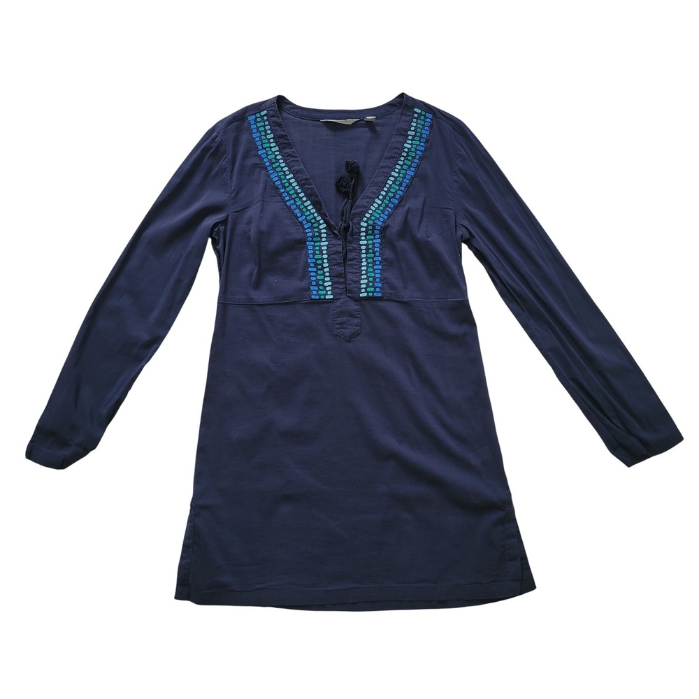 Athleta Womens Navy Blue Embroidered V-Neck Tunic Top Long Sleeve Tassel Small‎
